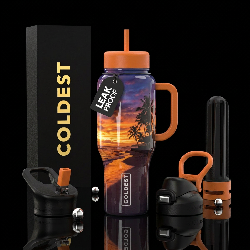 Vibrant sunset over a beach ocean front with palm ... water bottle design