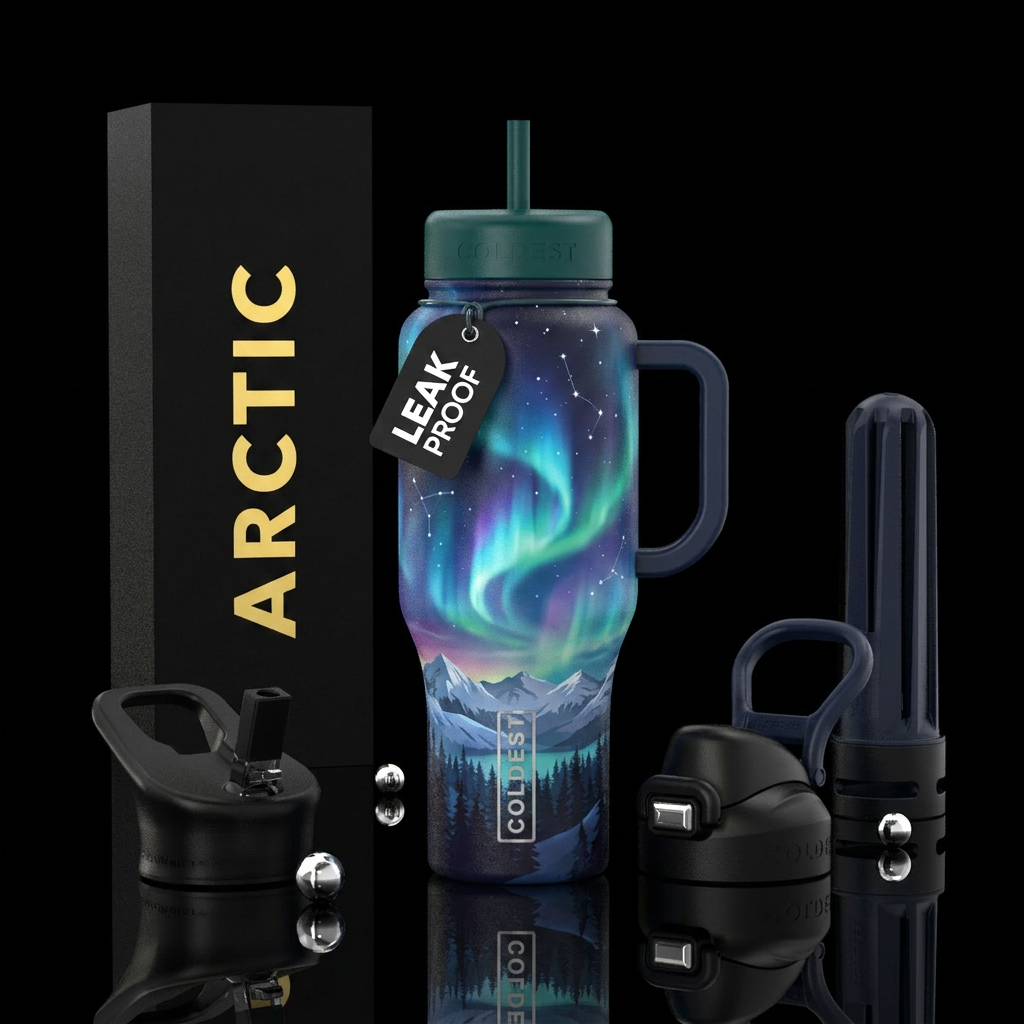 Vibrant northern lights over a snowy mountain view water bottle design