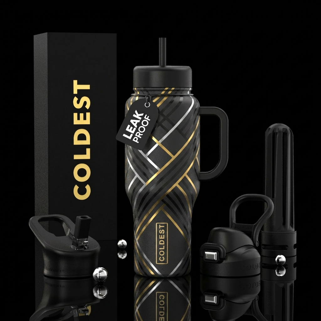 Black,silver and gold geometric design with black ... water bottle design