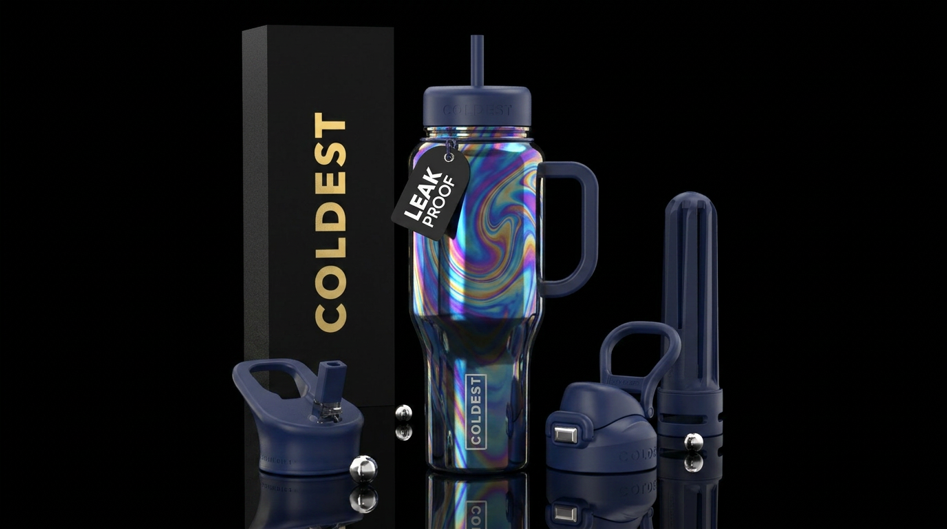 Vibrant oil slick colors and a dark blue base water bottle design