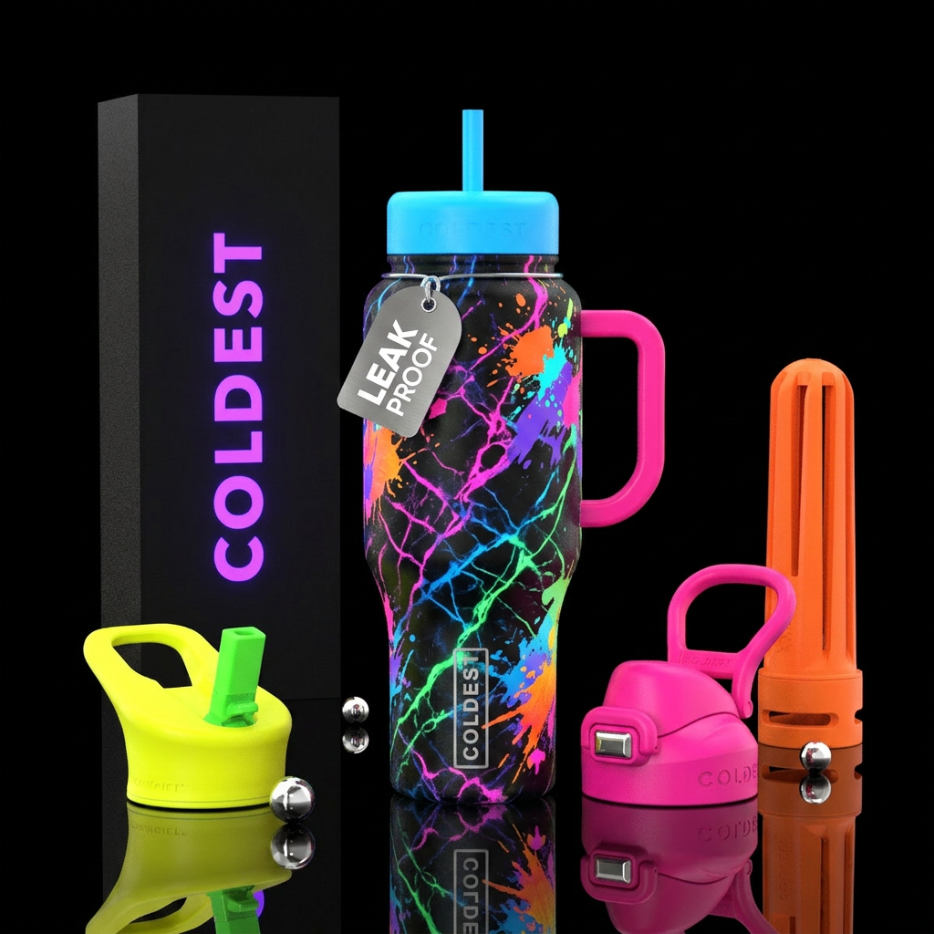 Neon painter splatters meets marble effect on blac... water bottle design