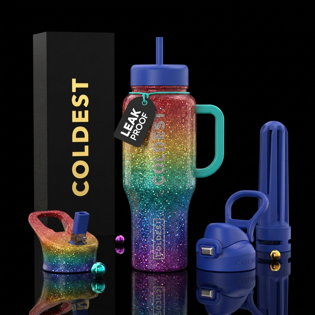 Sparkly ombre of rainbow colors water bottle design