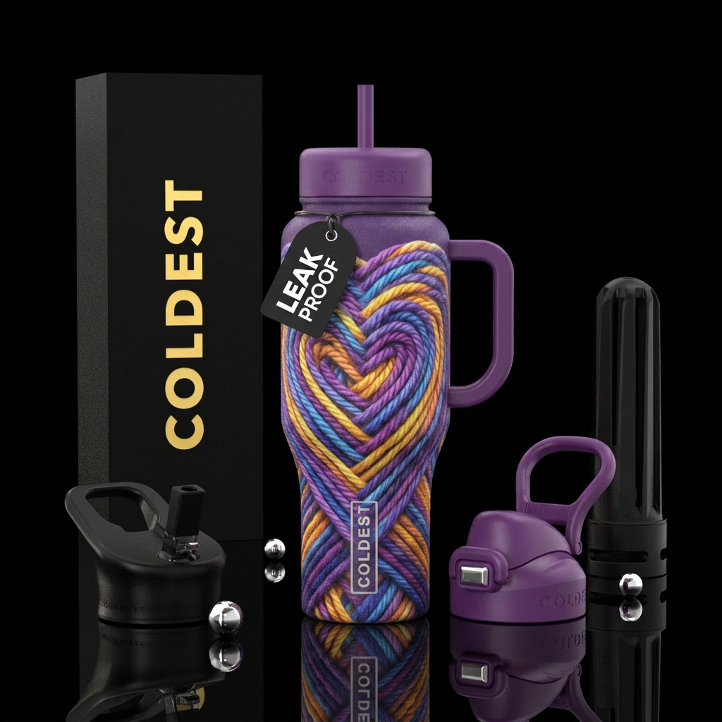 Thick colorful yarn wrapped around a bottle in a h... water bottle design