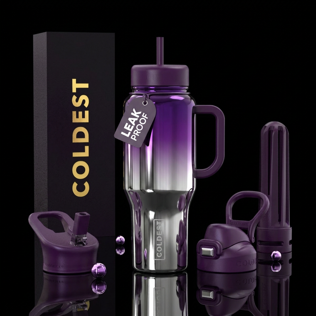 Shiny silver to deep purple ombre with the same pu... water bottle design