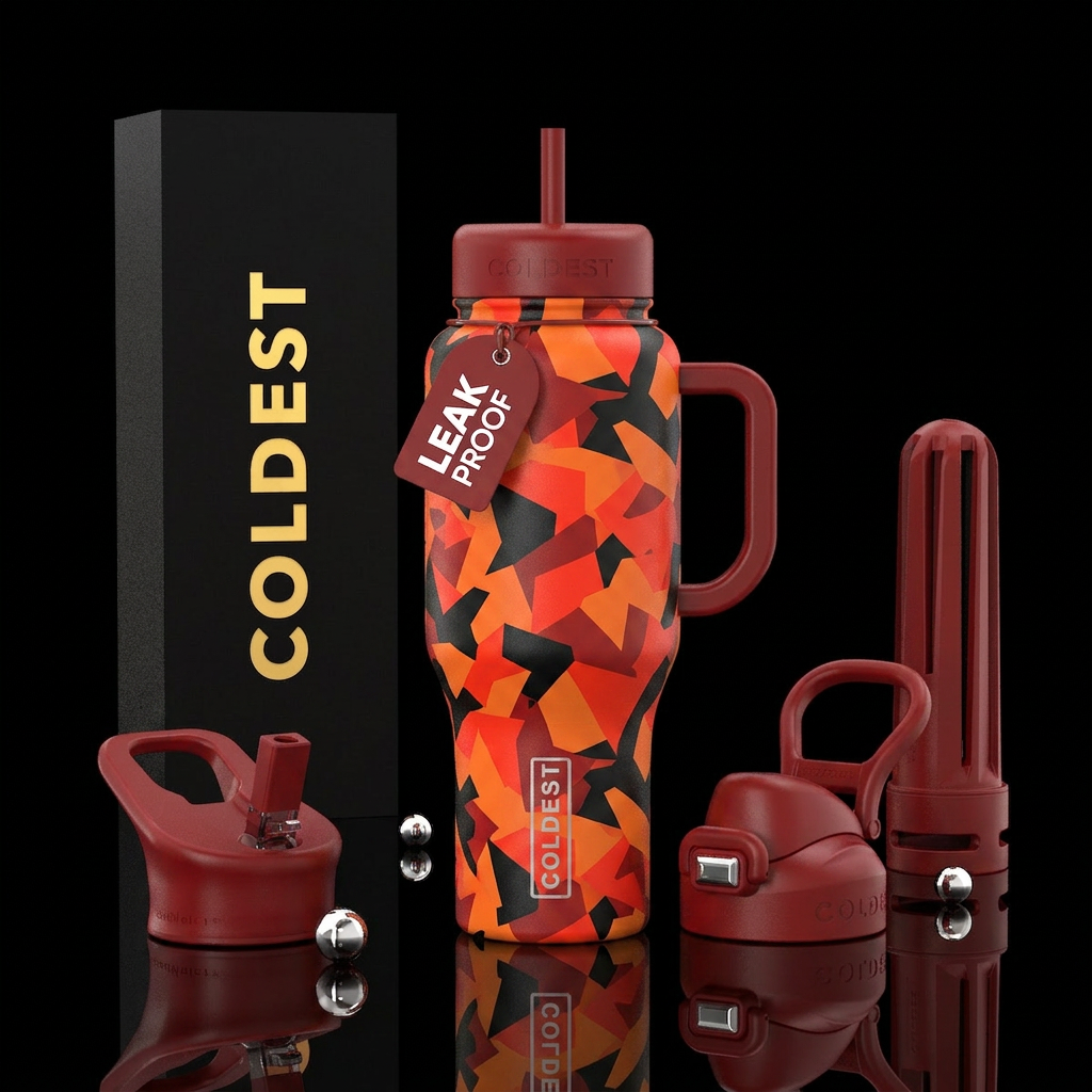 Geometric camouflage of orange, black and red colo... water bottle design