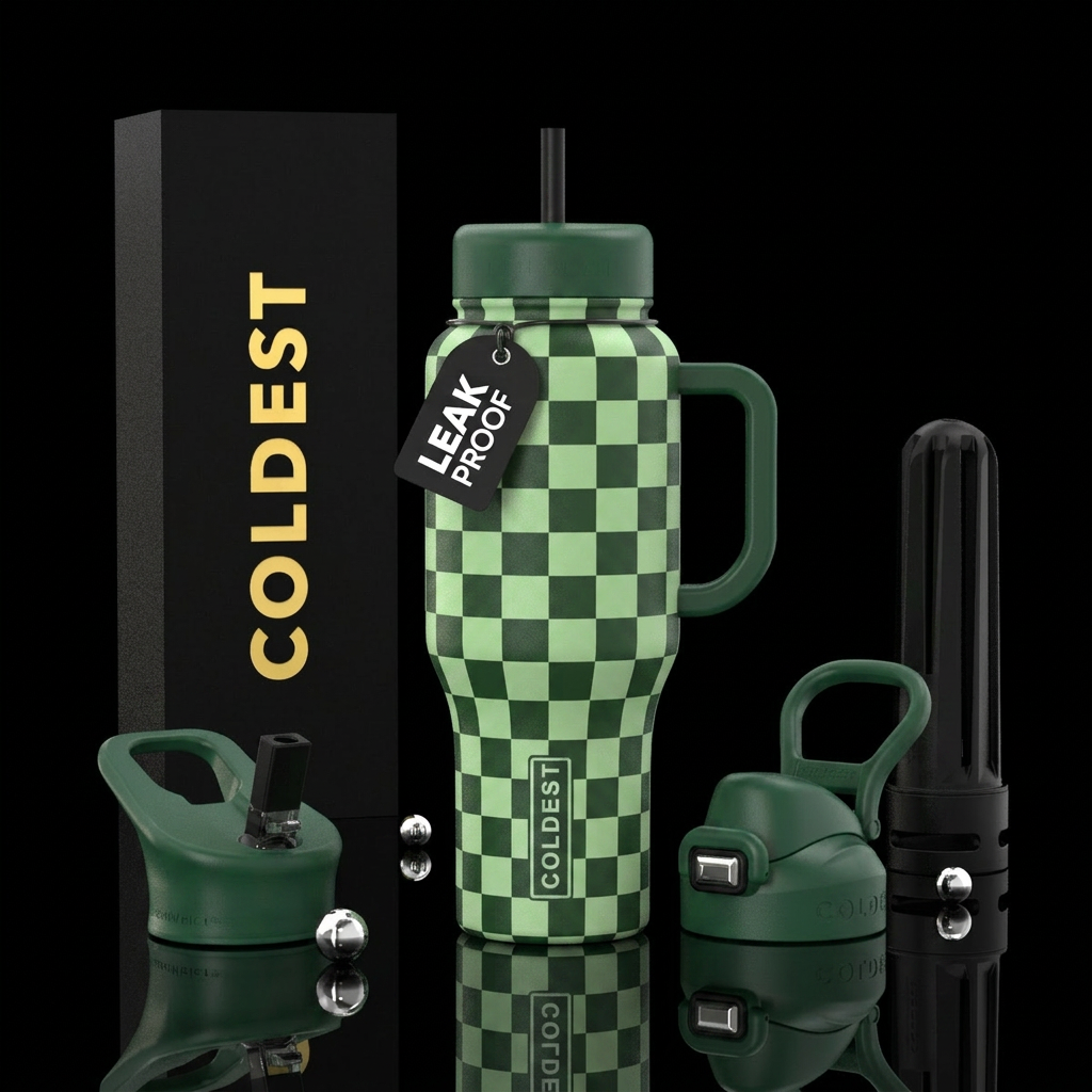 Checker design of light green and dark forest gree... water bottle design