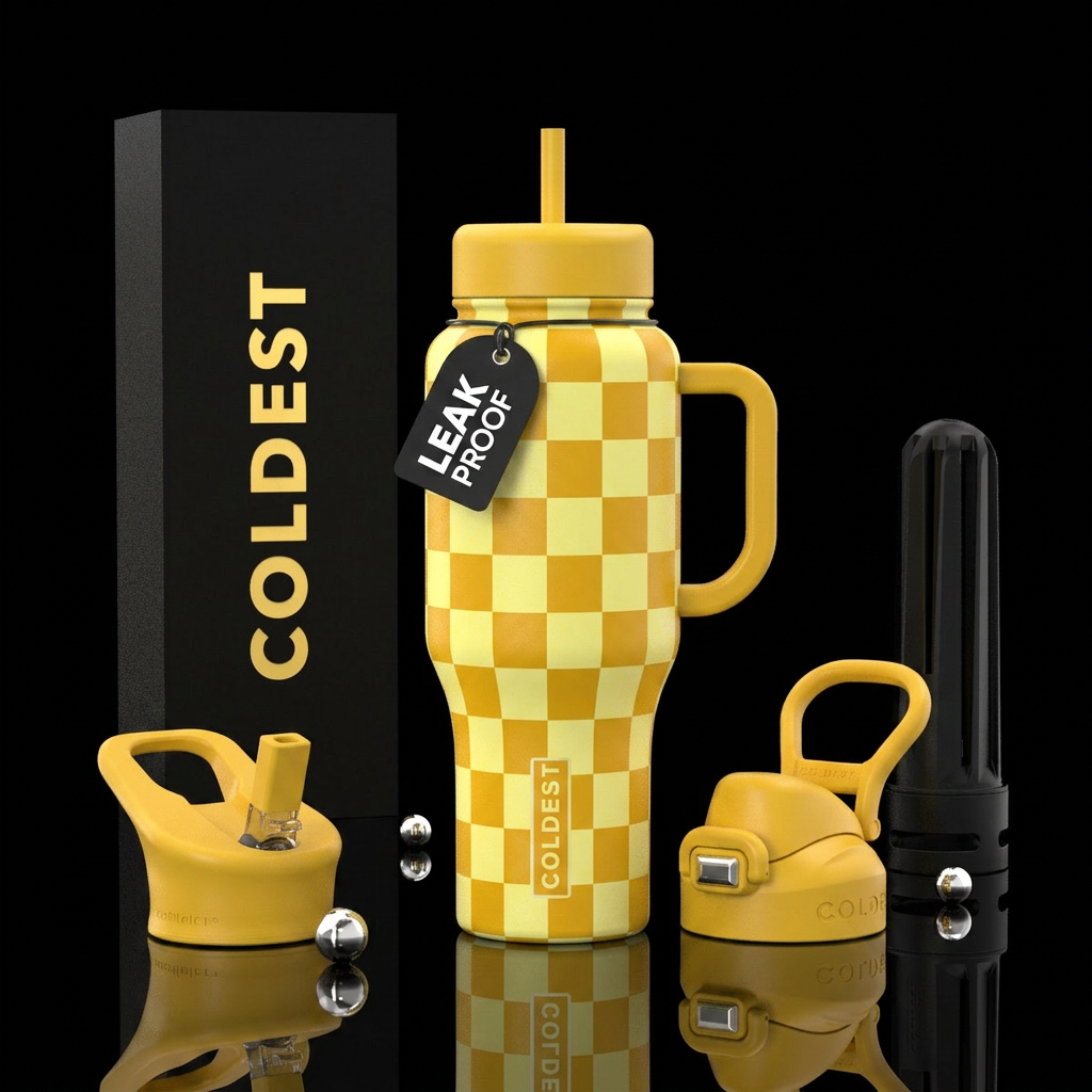 A checker design with light and dark yellow water bottle design