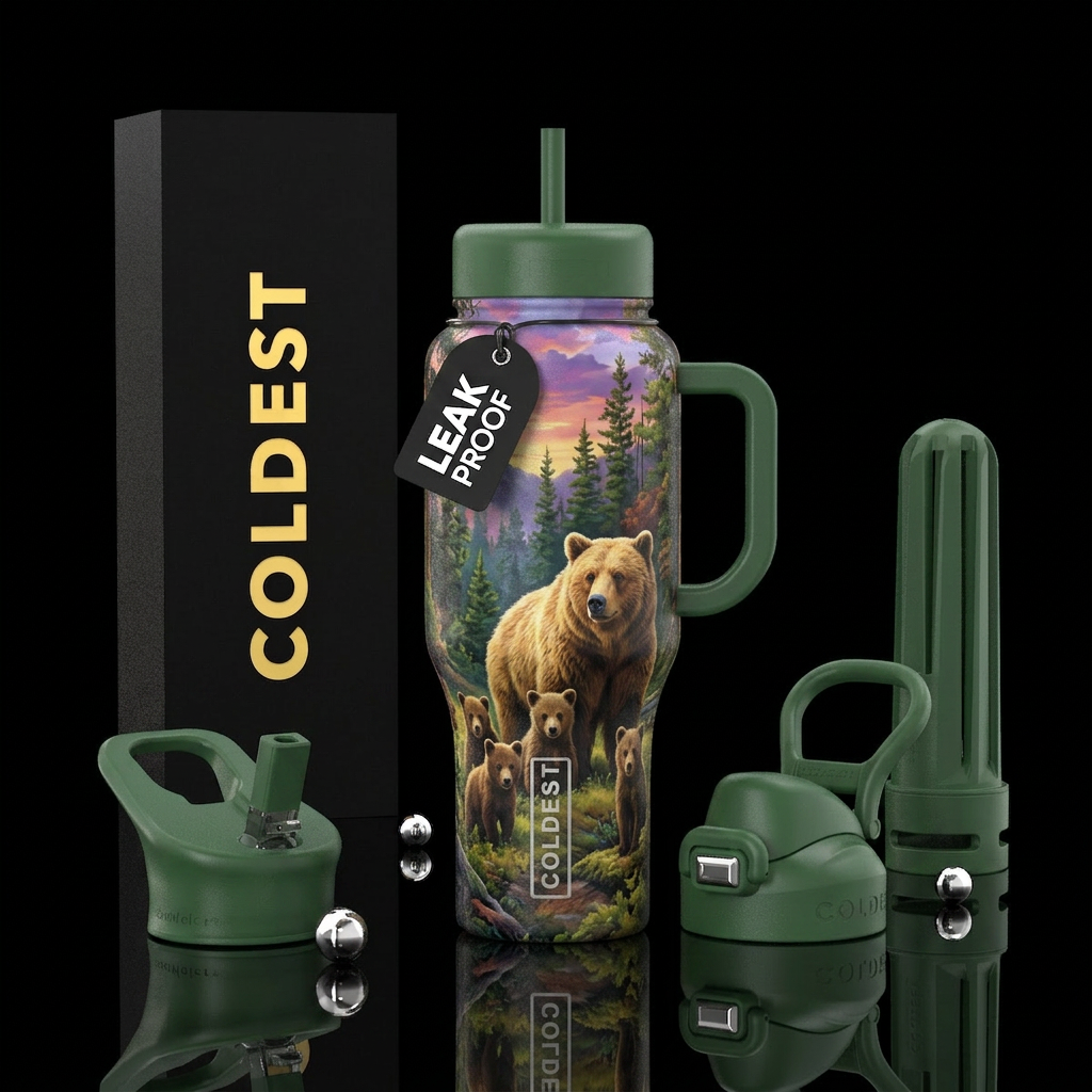 Mama bear with four cubs on forest water bottle design