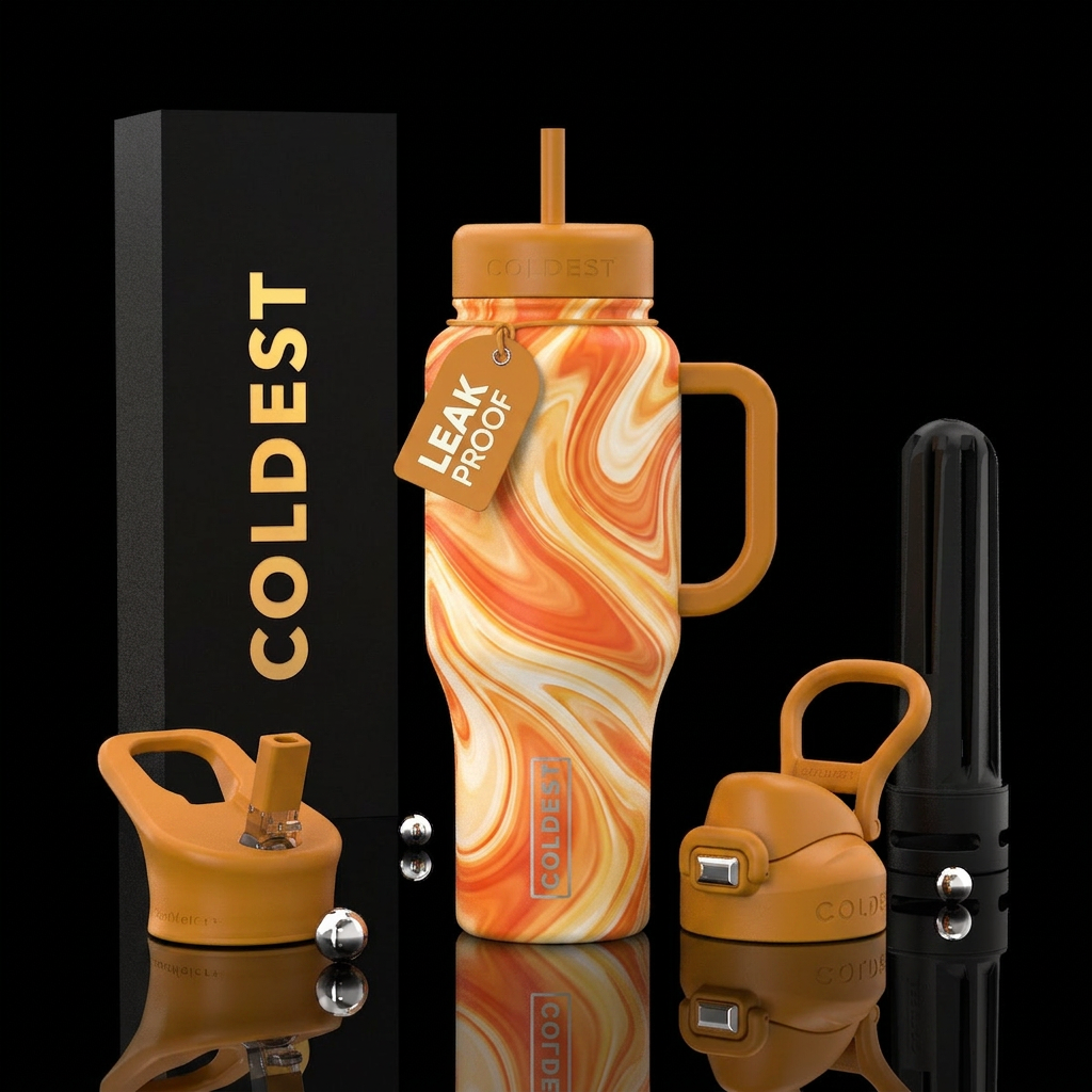 Circular swirls of varying sizes that are bright o... water bottle design