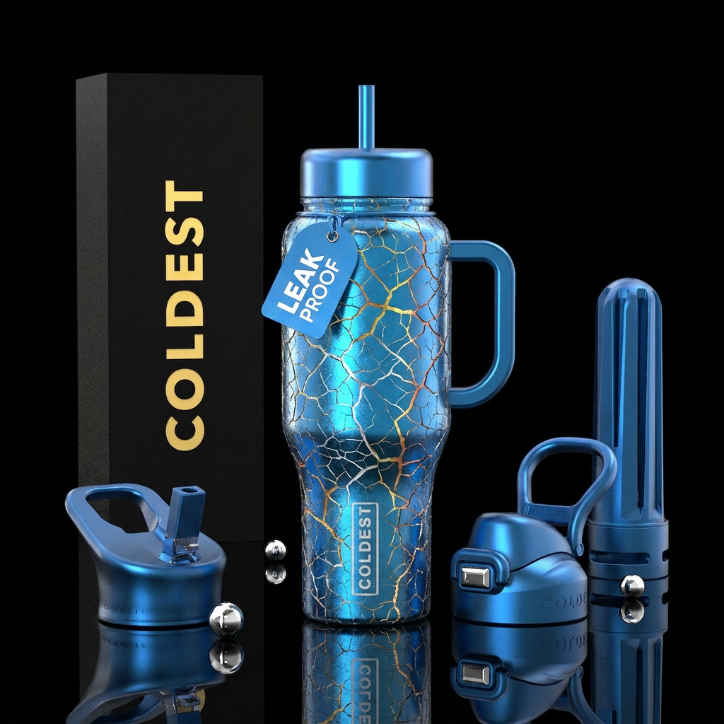 Bright Metallic blue cup with crackled glass that ... water bottle design
