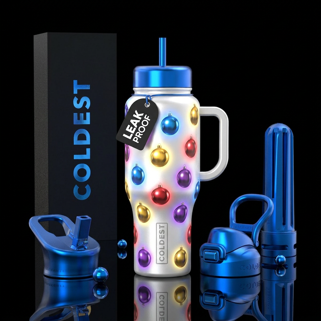 Glowing round bright shiny metallic balls that are... water bottle design