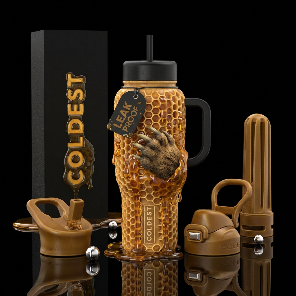 Th entire cup is a honeycomb with honey oozing eve... water bottle design