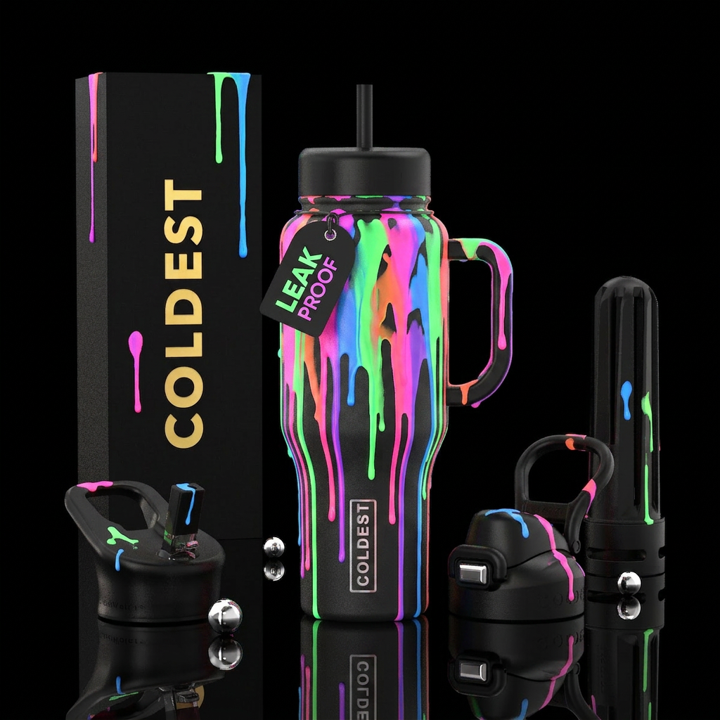 A Glowie bottle that’s fluorescent paint running d... water bottle design