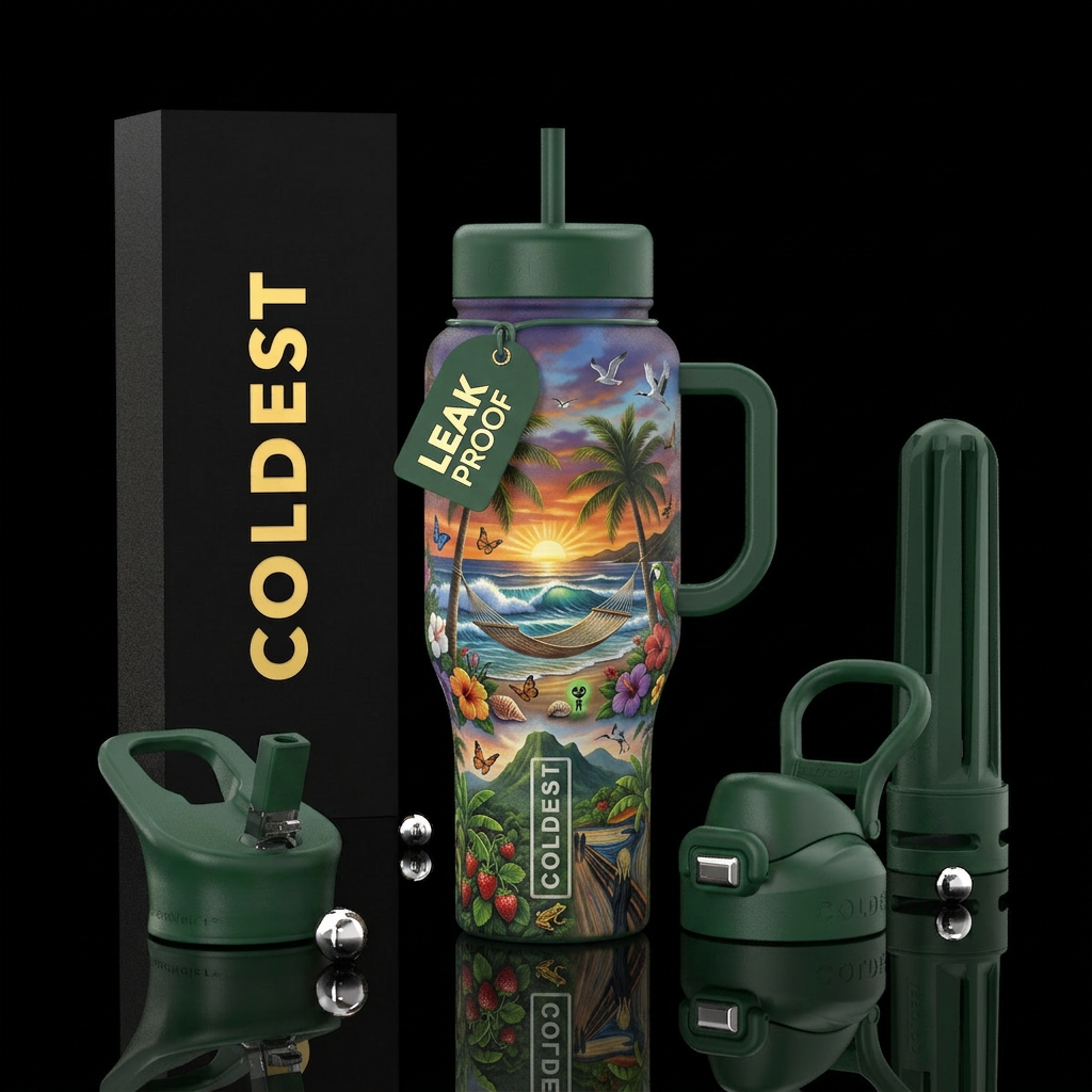 Hammock between palm trees, ocean waves, sunset an... water bottle design