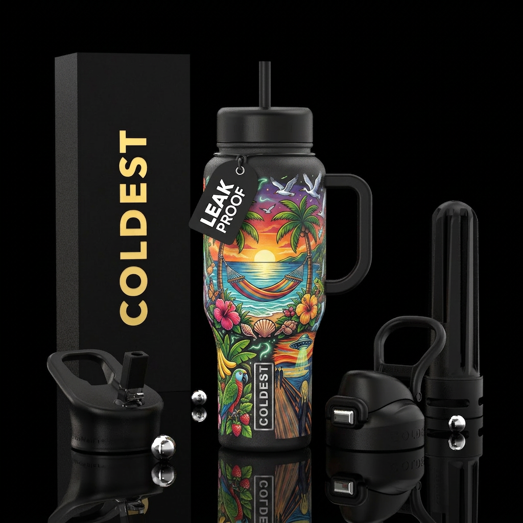 Hammock between palm trees, ocean waves, sunset an... water bottle design
