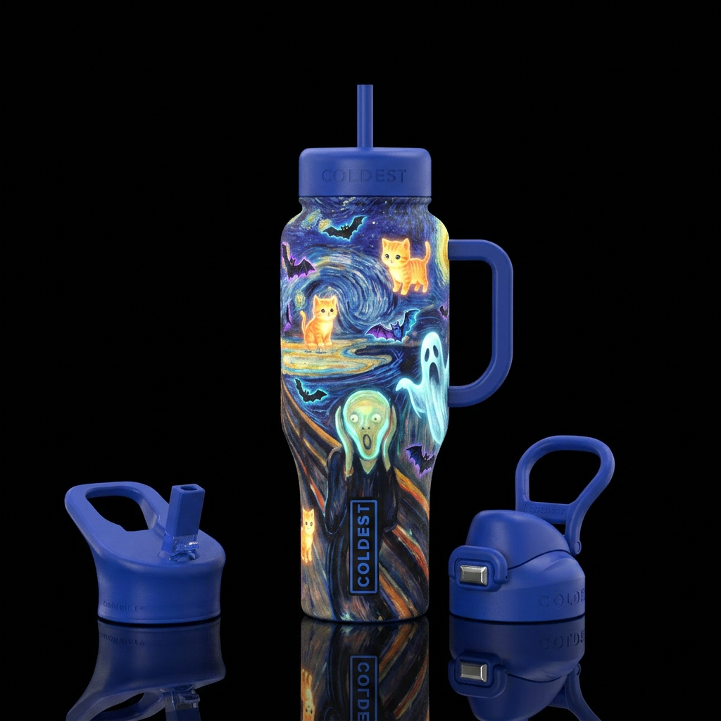 the scream with starry night background,  glowie s... water bottle design