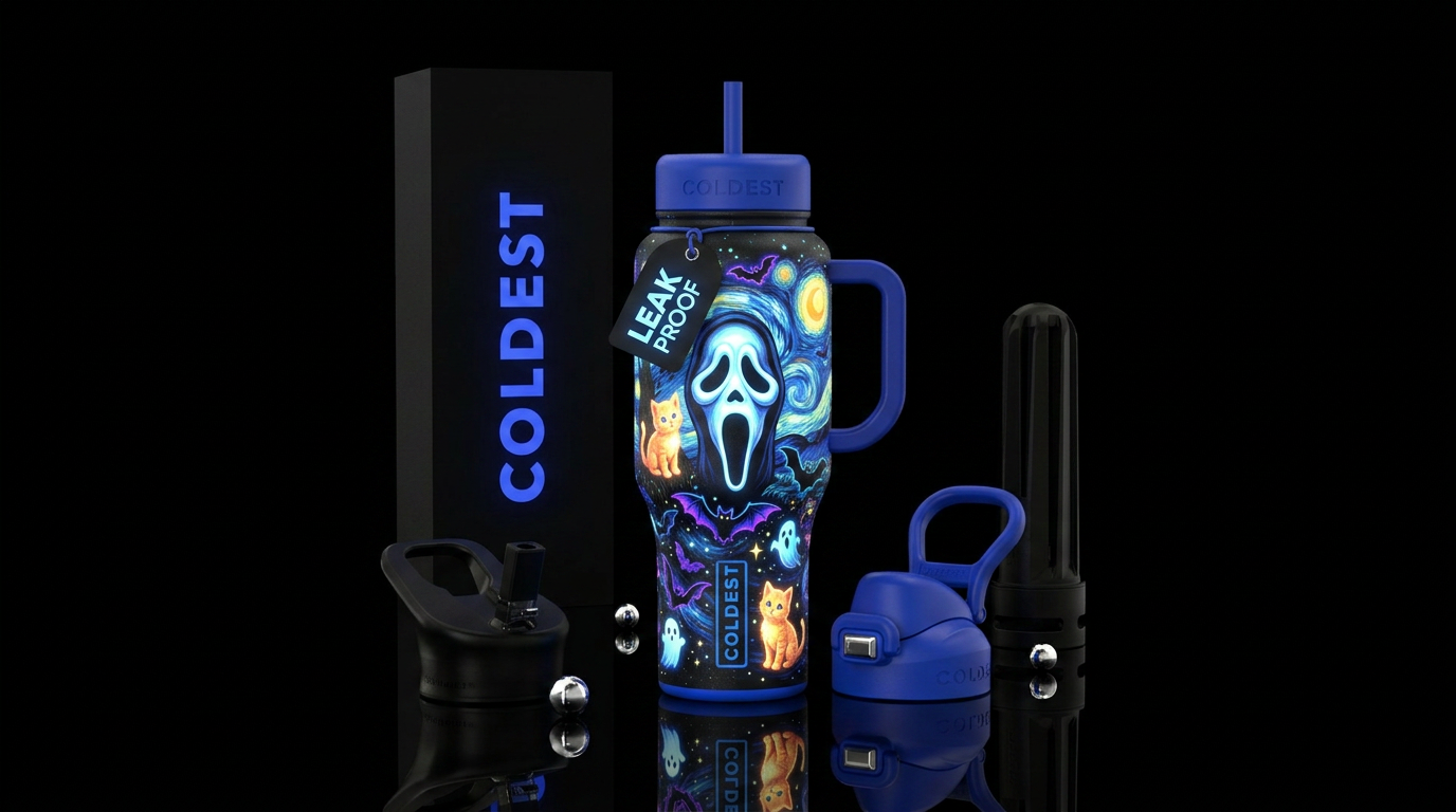 the scream with starry night background,  glowie s... water bottle design