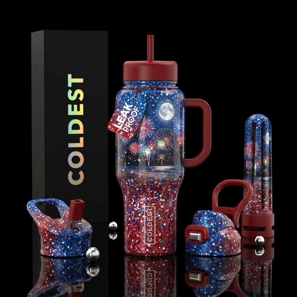 Red white blue glitter bottle like firecracker wit... water bottle design