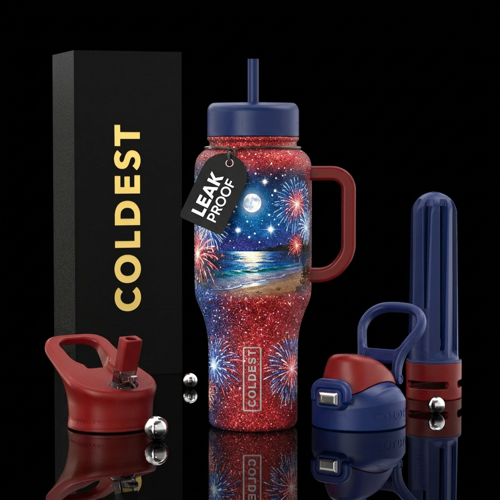 Red white blue glitter bottle like firecracker wit... water bottle design