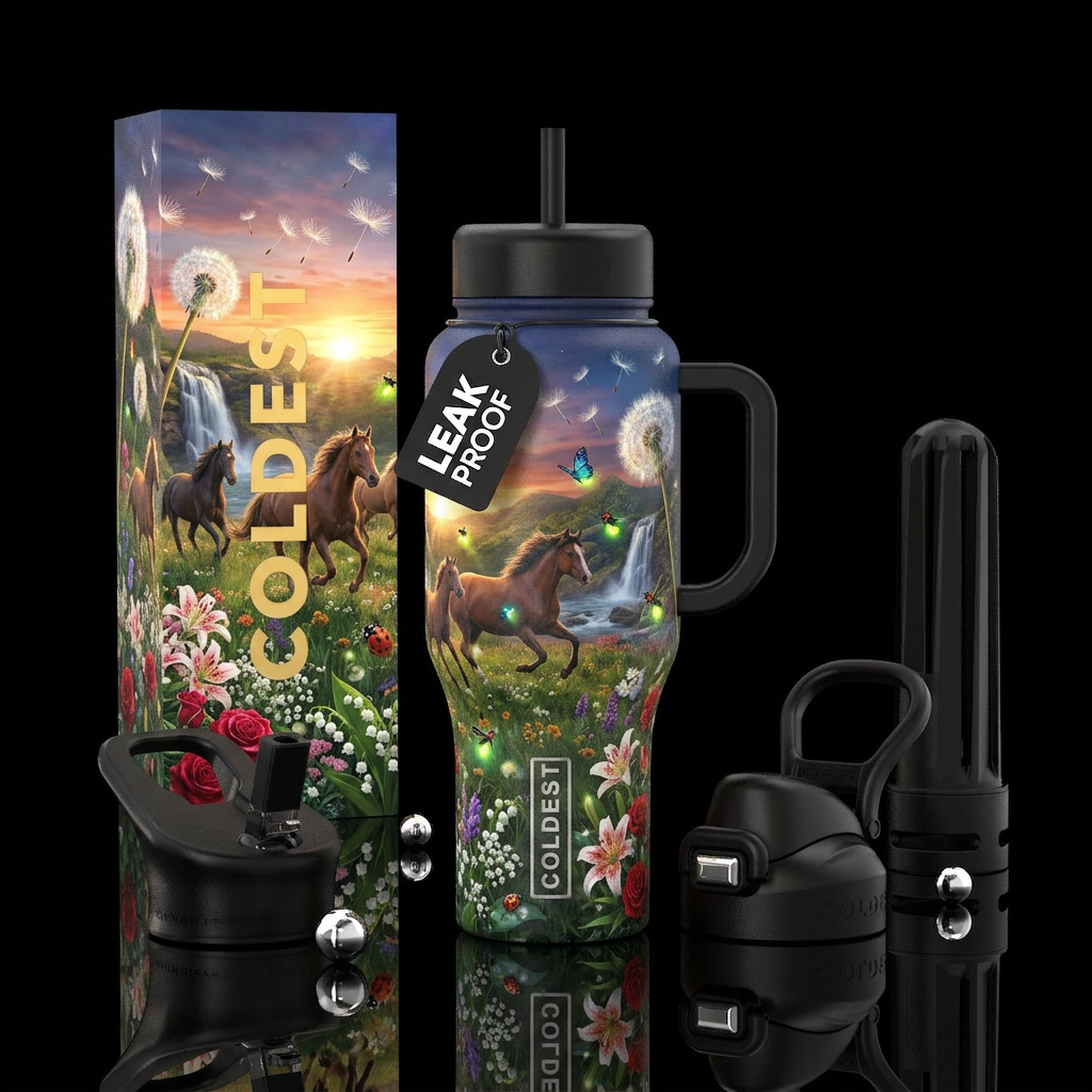 Red roses, white and pink tiger lilies, babies bre... water bottle design