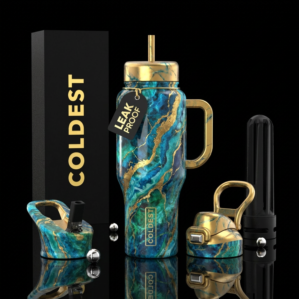 Apatite gemstone,, gold, marbled water bottle design