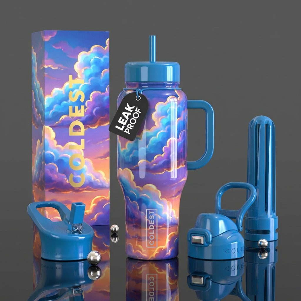 Beautiful clouds, shiny, realism water bottle design