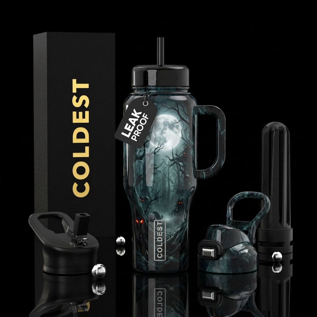 Scary, darkness, lurking, creepy, full moon, fores... water bottle design