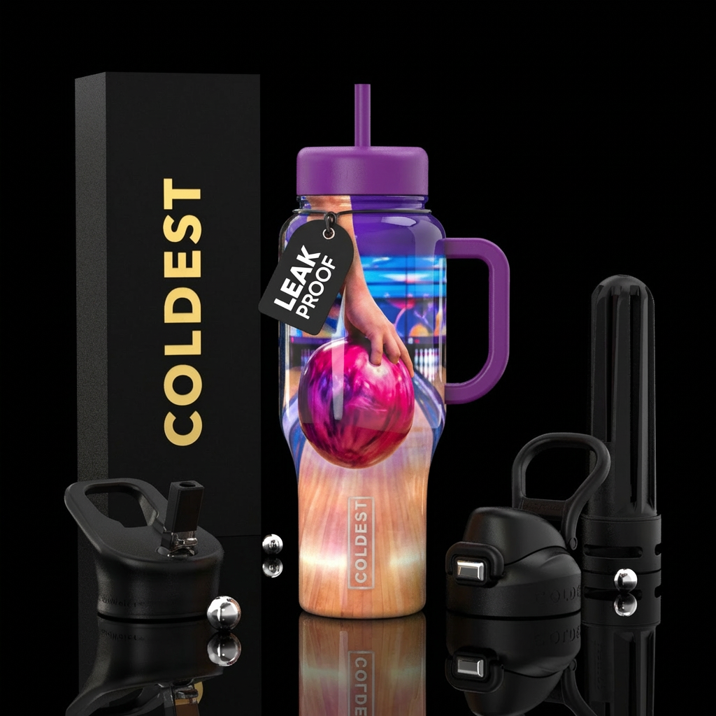 In a bowling alley holding a pink and purple marbl... water bottle design