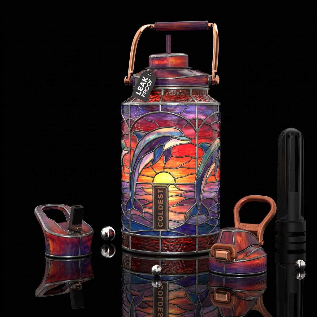 Tiffany lamp inspired glass, dolphins, sunset water bottle design