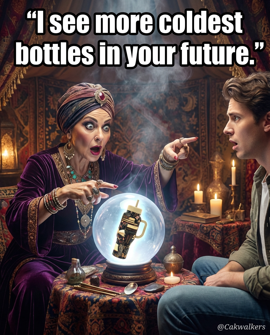 A fortune teller an her crystal ball, and a person... water bottle design