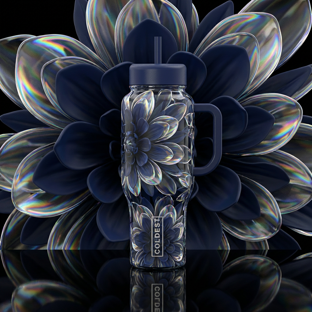 A 3d floral pattern featuring layers of translucen... water bottle design
