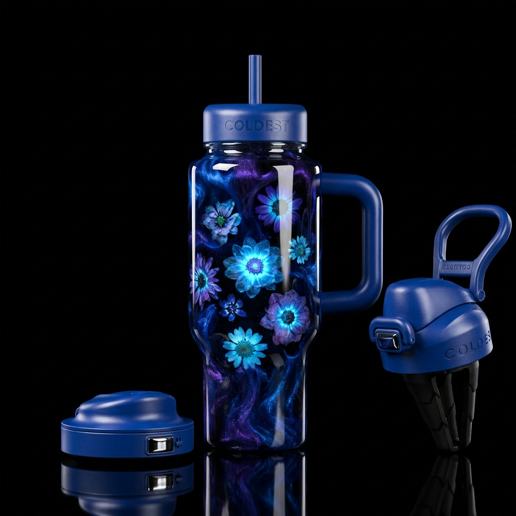 Hyper realistic art where flowers appear frozen in... water bottle design