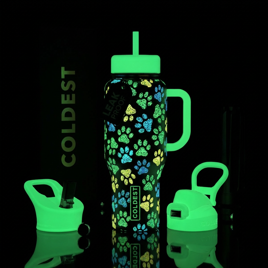 Pointilisim, dog paws glow in the dark water bottle design