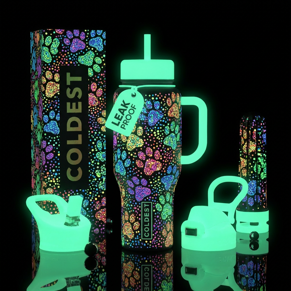 Pointilisim, dog paws glow in the dark water bottle design