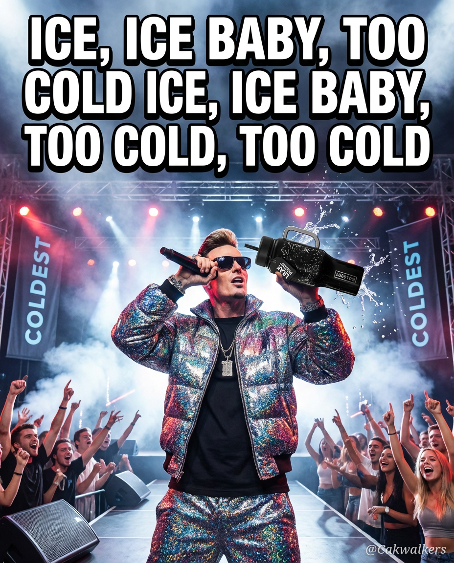 Vanilla Ice on stage singing holding a coldest bot... water bottle design