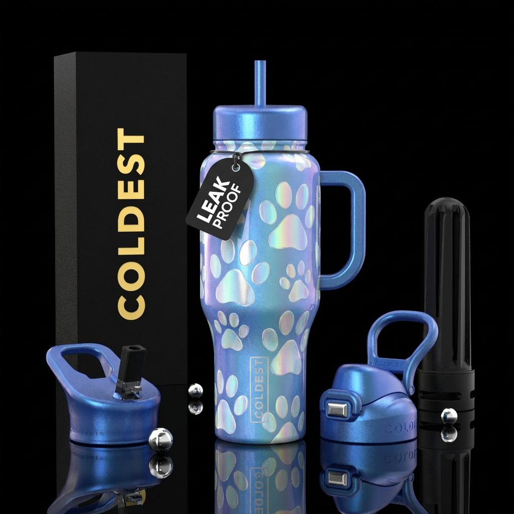 Opalene artistic dog paws, shiny water bottle design