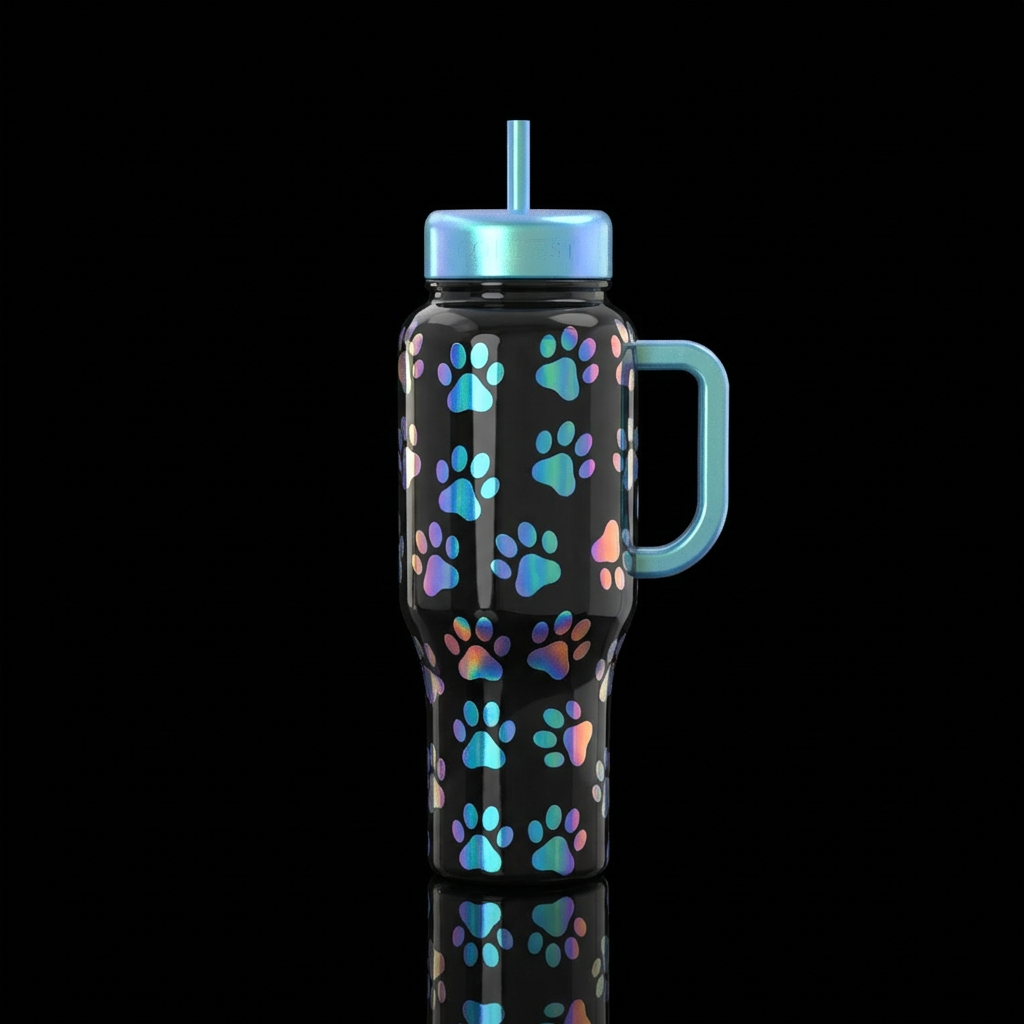 Opalene artistic dog paws, shiny water bottle design