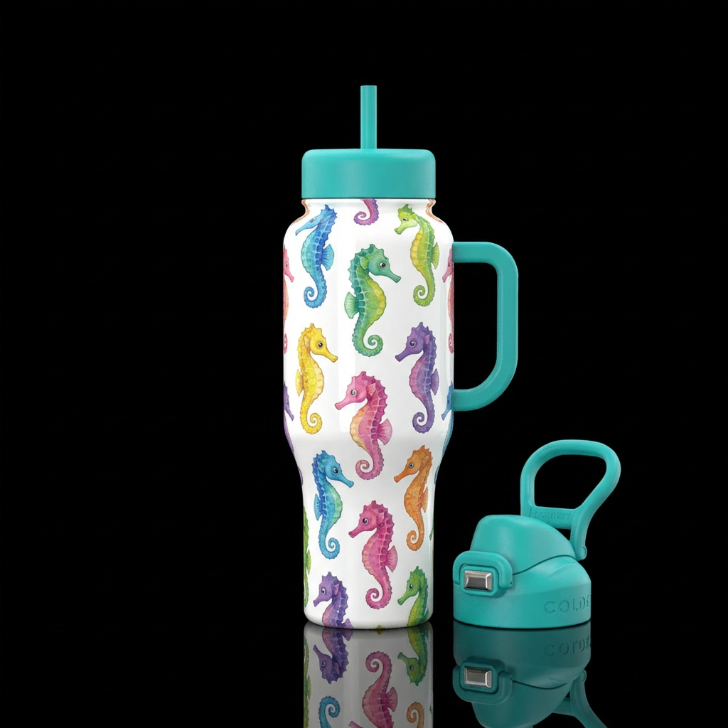 White background different color baby seahorses al... water bottle design