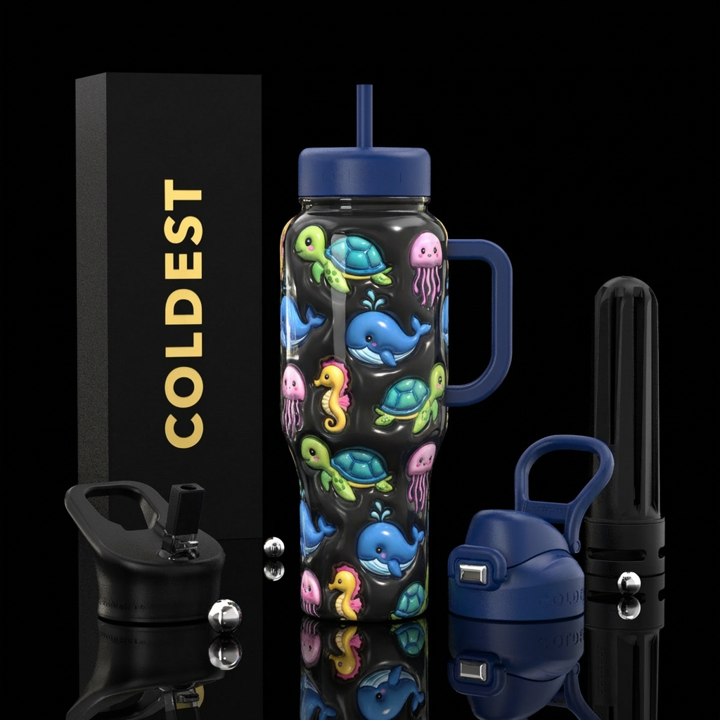 Cute baby sea crestures shiny, realism, depth water bottle design