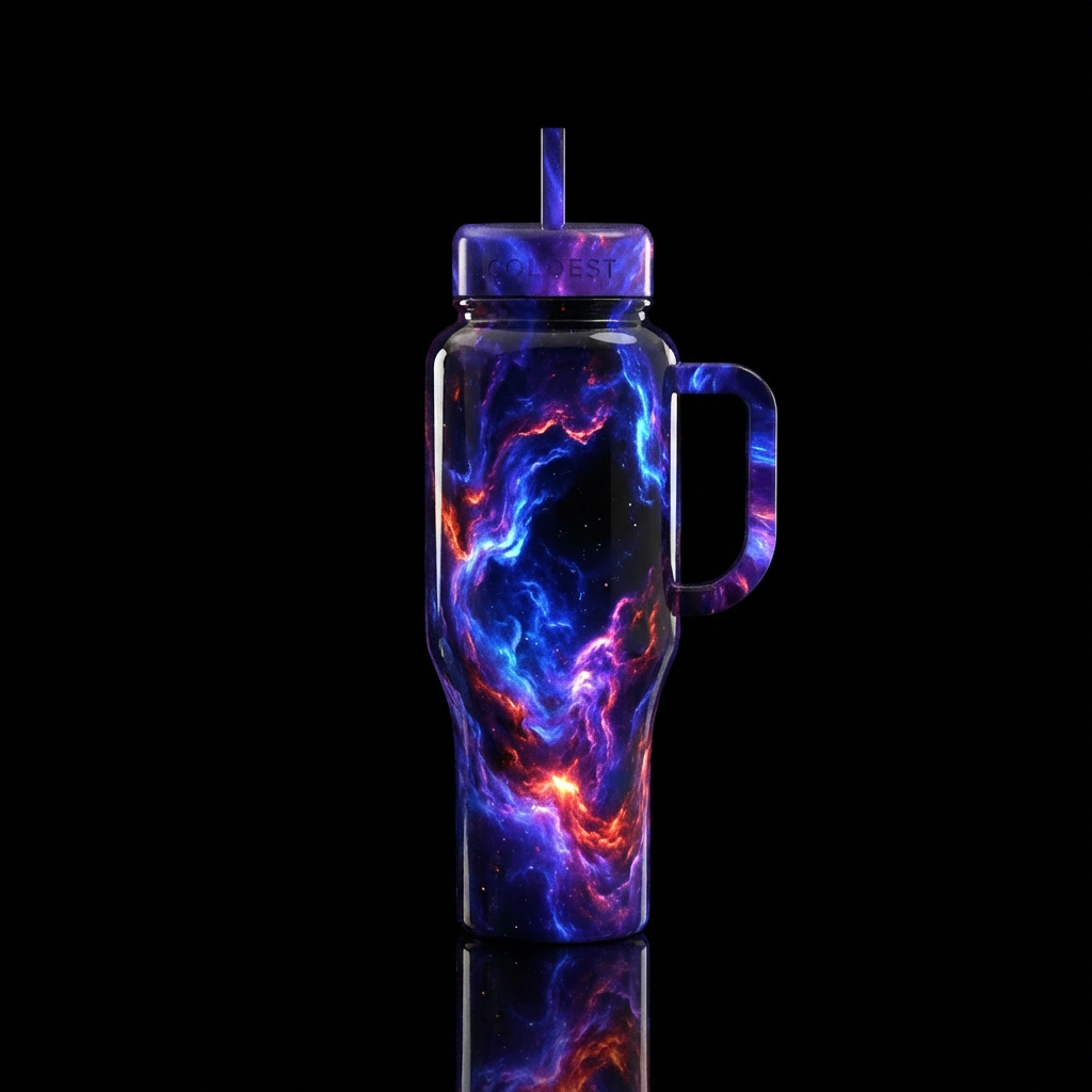 dramatic, wrap-around deep-space nebula design tha... water bottle design