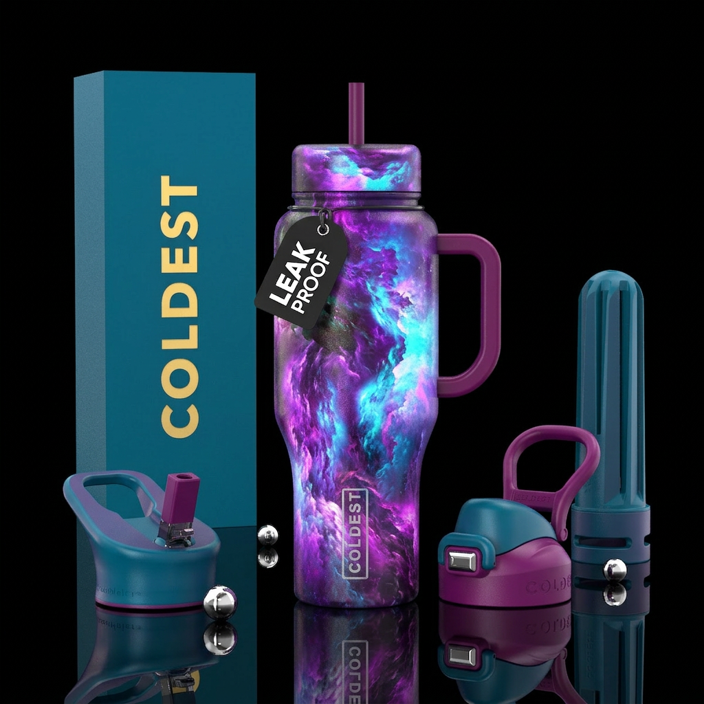 Glowing purple magenta cyan otherworldly depth shi... water bottle design