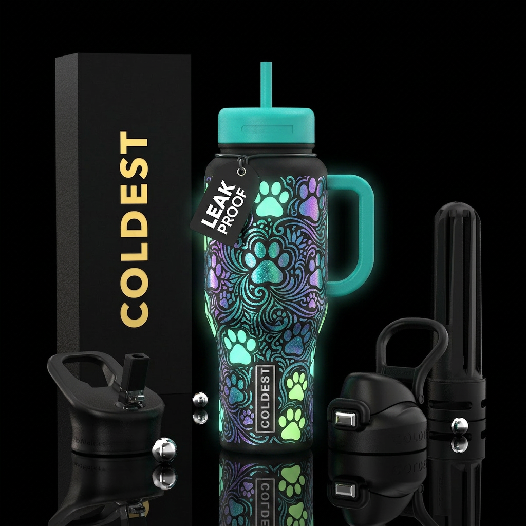 Filography,paw prints, shiny, glow in the dark water bottle design