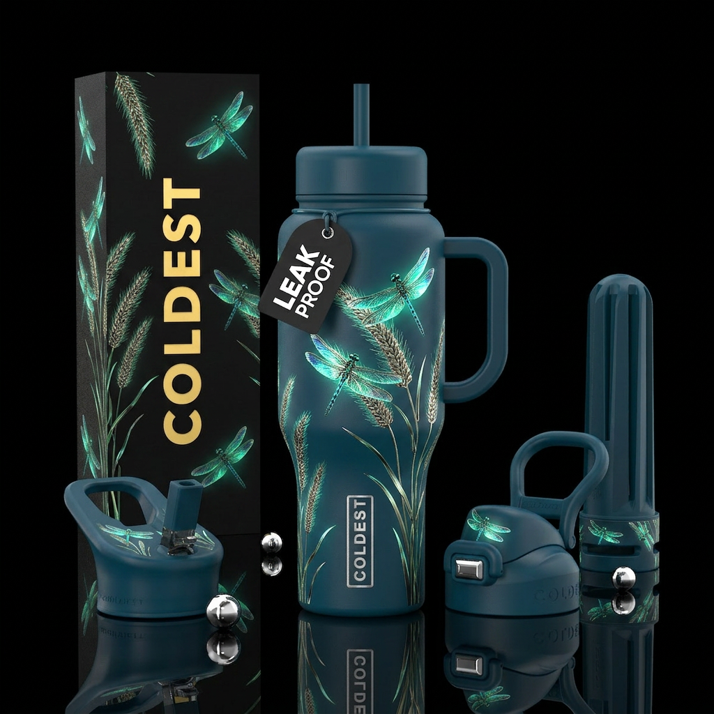 Glow in the dark dragonfly fountain grass, shiny water bottle design