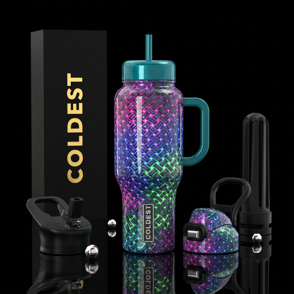 woven, retro,glossy, led, maximalist water bottle design