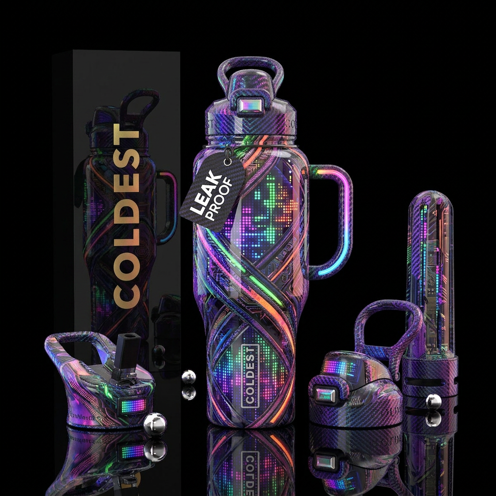 woven, retro,glossy, led, maximalist, quantum water bottle design