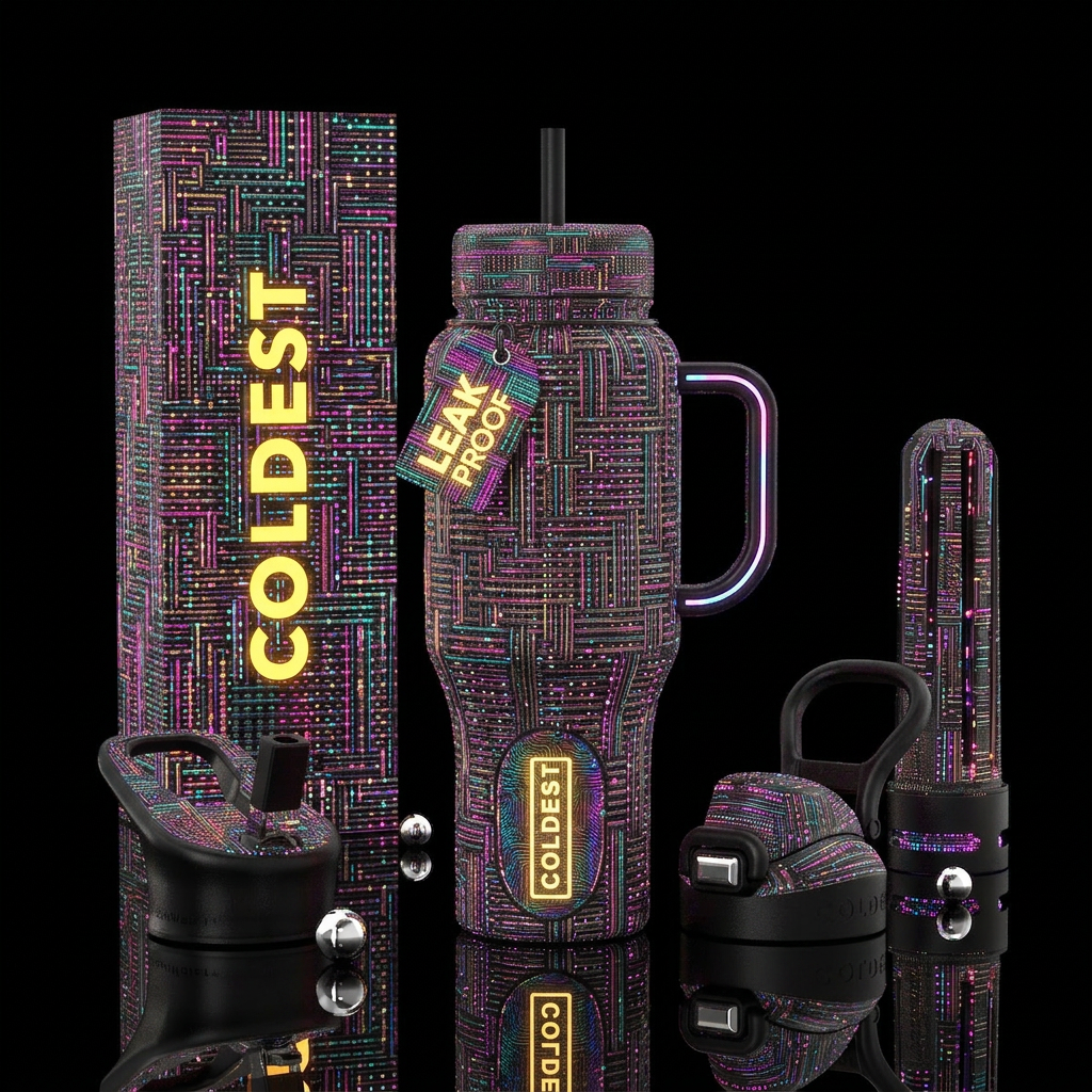 woven, retro,glossy, led, maximalist, quantum water bottle design
