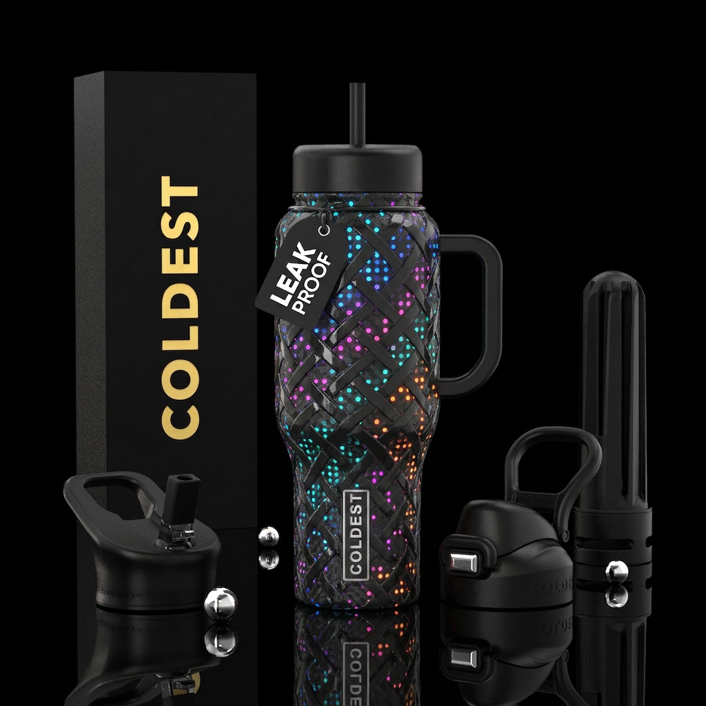 woven, retro,glossy, led, maximalist, quantum water bottle design