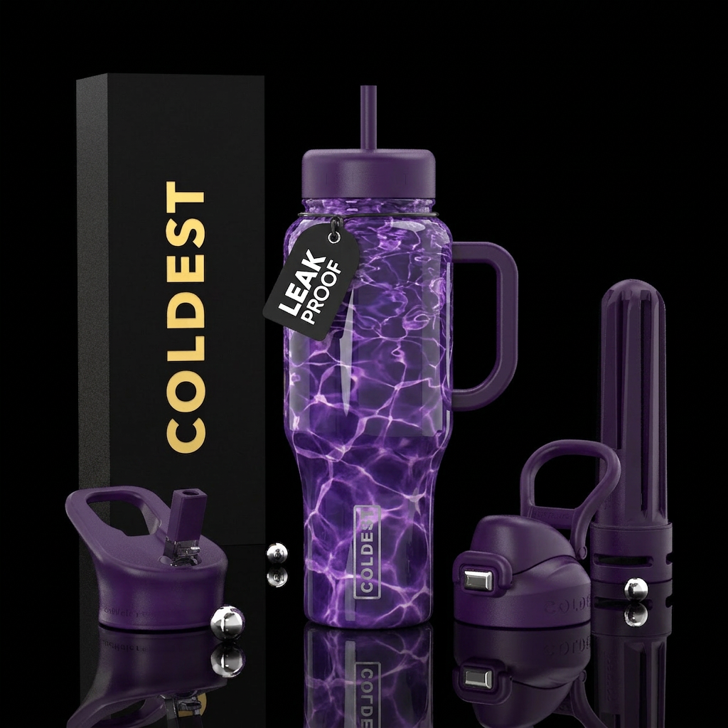 Purple pool water, glossy water bottle design