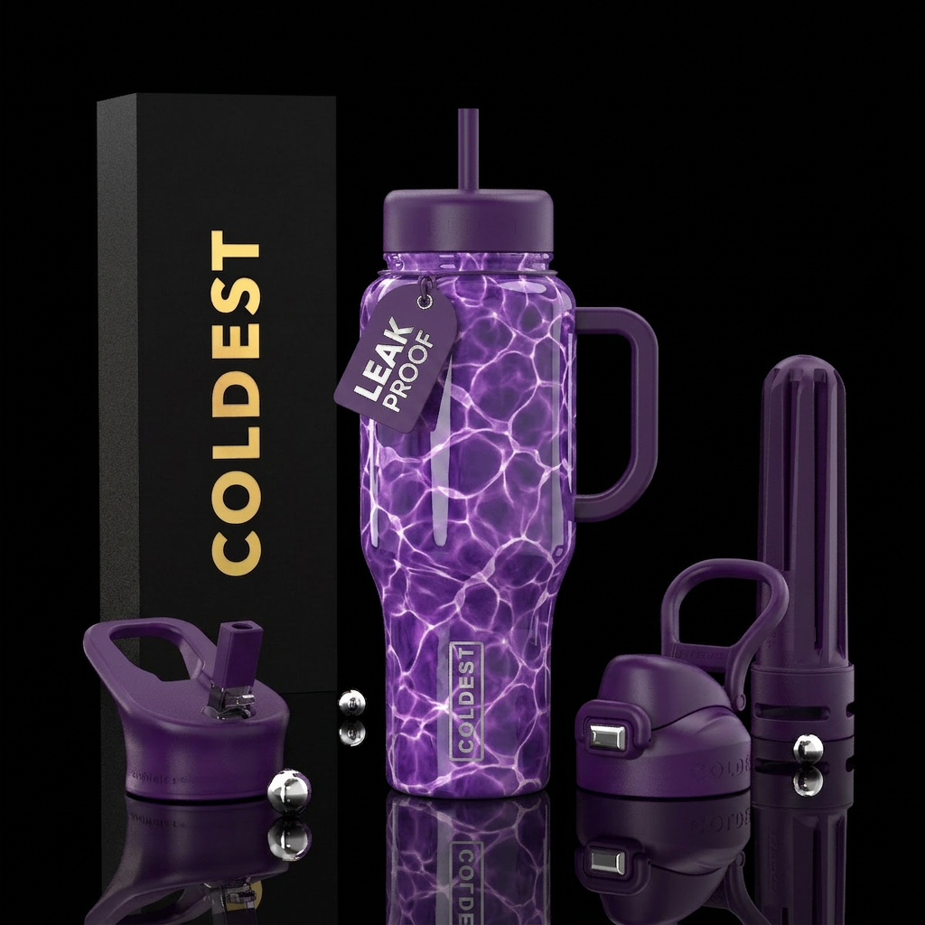 Purple pool water, glossy water bottle design