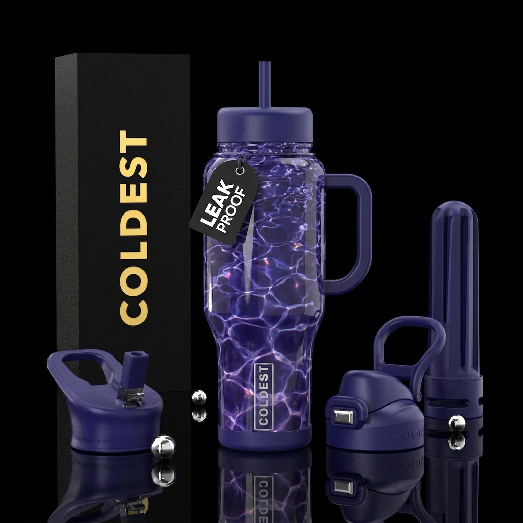 Purple indigo pool water, glossy water bottle design